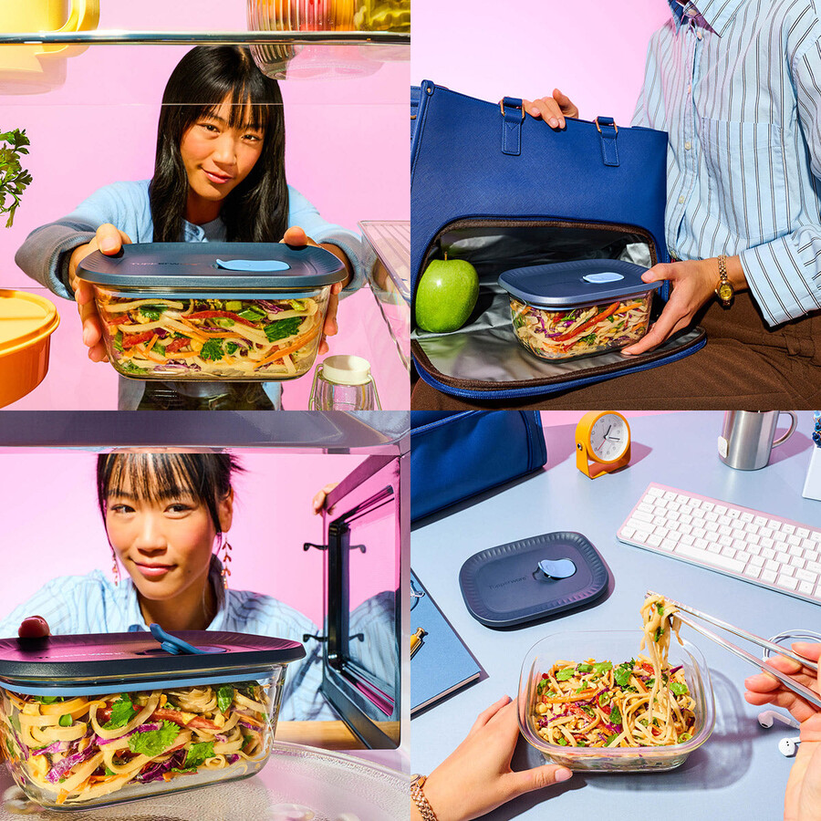 tupperware voila glas-vorratsdose rechteckig mini dunkelgrau und blau deckel